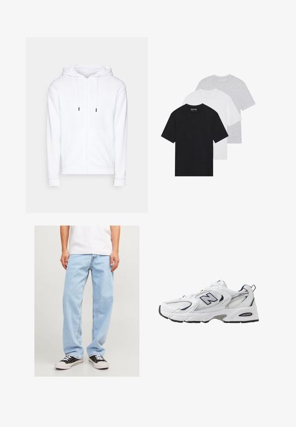 Jack & Jones JJEBRADLEY - Jaka ar rāvējslēdzēju - white; Trīs pamata t-krekli melnā, baltā un gaišpelēkā krāsā. Īsas piedurknes, apaļa kakla izgriezums, izgatavoti no gludas kokvilnas auduma. Redzams zīmola logs.; Gai zila džinsu bikses ar brīvu piegriezumu, kurām ir taisna kāju forma un standarta šuvju dizains, saskaņotas ar melniem sporta apaviem.; Baltas sporta apavs ar sietveida augšpusi, jūras zilām akcentiem un mīkstu zoli. Iezīmē "N" logo, šņores un teksturētu detaļu sānos.