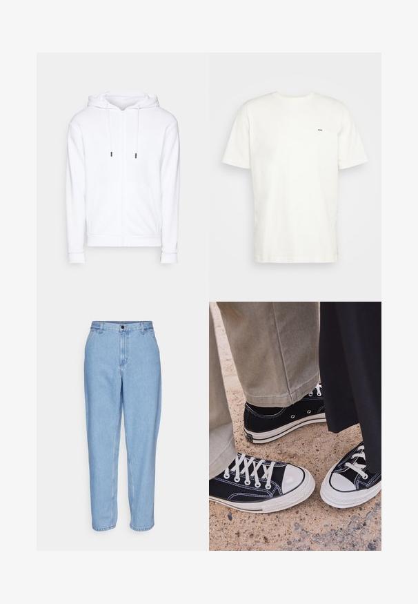 Jack & Jones JJEBRADLEY - Felpa con zip - white; T-shirt bianca in cotone con scollatura rotonda, maniche corte e un piccolo logo nero "W.W." sul lato sinistro del petto. Tessuto liscio, vestibilità regolare.; Jeans in denim blu chiaro con vestibilità comoda, vita alta e gambe dritte. Presenta tasche frontali e chiusura con bottone metallico.; Sneakers neri in tela con punte e lacci bianchi in gomma. Le cuciture a contrasto e i fori in metallo aggiungono dettagli. Indossati con pantaloni beige e un tessuto nero.