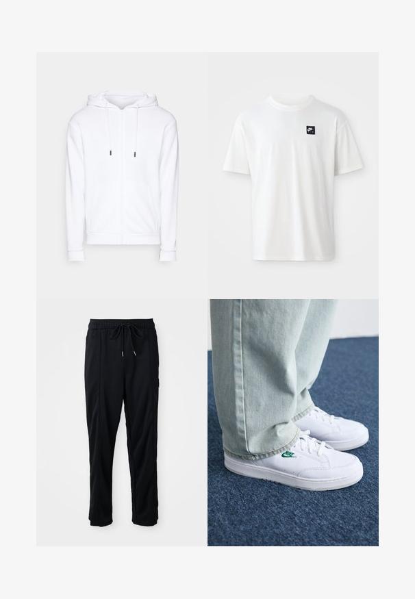 Jack & Jones JJEBRADLEY ZIP HOOD - Sudadera con cremallera - white; Camiseta de algodón blanca con mangas cortas y cuello redondo; presenta un pequeño logo rectangular negro de Nike Air en el lado izquierdo del pecho.; Pantalones casuales negros con cordón en la cintura, con bolsillos laterales y corte de pierna recta sobre un fondo liso.; Zapatillas de cuero blanco con logo de Nike verde, puntera redonda, suela plana, combinadas con pantalones de mezclilla azul claro, sobre una alfombra azul.