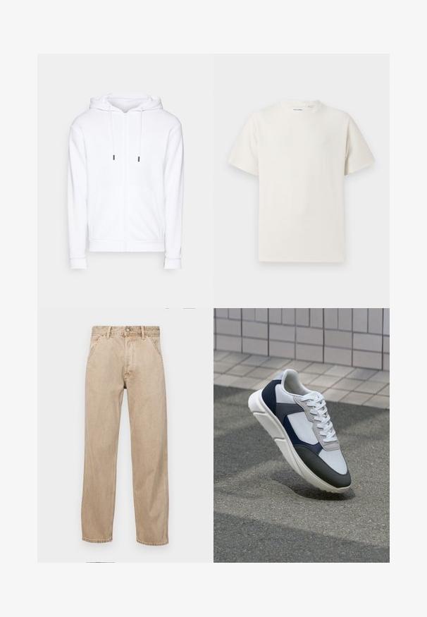Jack & Jones JJEBRADLEY - Sweatjakke - white; Hvid kortærmet T-shirt i ribbet tekstur. Rund halsudskæring, løs pasform, ingen synlige mønstre eller accenter. Enkel og alsidig design.; Beige denimjeans med lige bendesign, med forlommer, metalknaplukning og subtil struktur.; Hvide, marineblå og grå sneakers med et design i blandede materialer, der har en tekstureret overdel, flade snørebånd og en polstret sål.