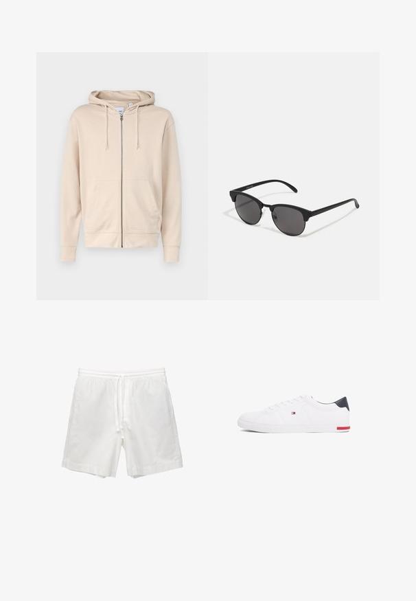 Bež hoodie sa zatvaračem napravljen od mekog materijala, koji sadrži kapuljaču, uže za podešavanje i dva prednja džepa. Rukavi i donji rub su rebrasti.; Košulja s kratkim rukavima od svijetlosmeđeg materijala, s teksturiranim, perforiranim dizajnom sa kvadratnim uzorcima i oštrim ovratnikom.; Bijele pamučne šorts hlače s elastičnom trakom oko struka i vezicom, bočnim džepovima i ravnim krojem s urešenim rubovima.; Bijele niske tenisice od glatke kože. Imaju mornarsko plavi kapica na peti i crvenu akciju na potplatu. Šest rupica za vezivanje.; Crne sunčane naočale s okruglim lećama, mat završetkom i specifičnim oblikom mačjih očiju. Tanke naramenice s diskretnim brendiranjem na lijevom hramu.