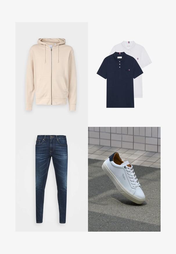 Smėlio spalvos zip-up gobtuvu pagamintas iš švelnios medžiagos, turi gobtuvą, raištelius ir dvi šonines kišenes. Rankogaliai ir apdaila yra raštuoti.; Du keturių marškiniai: vienas tamsiai mėlynas ir vienas baltas, abu su mažais raudonais, baltais ir mėlynais akcentais ant krūtinės kišenės ir apykaklės.; Tamsiai mėlynos džinsinės kelnės su liesu siluetu, subtiliu nusidėvėjimu, penkiomis kišenėmis ir metaliniu mygtuku užsegimui. Įsiūtos akcentai kontrastinga spalva.; Balti odiniai sportbačiai su mėlynu kulnu, apvalia nosimi ir kontrastingais rudais akcentais. Aptakios raišteliai ir tekstūruota guma.