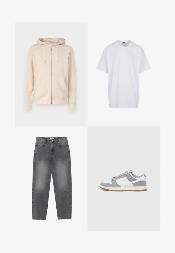 Felpa con zip beige realizzata in tessuto morbido, con cappuccio, cordini e due tasche frontali. I polsini e l'orlo sono a coste.; Maglietta bianca in cotone con maniche corte, scollatura rotonda, vestibilità comoda e senza loghi o motivi visibili. Texture liscia e design minimale.; Jeans a vita alta, dal taglio ampio in denim nero sbiadito. Presentano cinque tasche, passanti per cintura e un design dritto e pulito.; Sneaker grigia e bianca con tomaia in suede e pelle, punta arrotondata, lacci piatti e soletta in gomma con un accento color caramello.