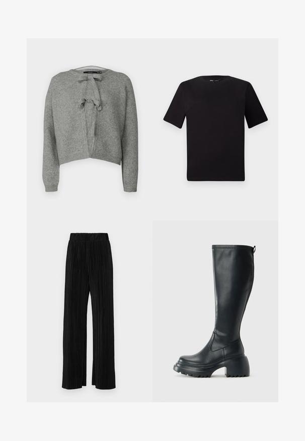 Vero Moda O NECK - Cardigan - medium grey; Svart t-skjorte med korte ermer og rund hals, laget av mykt bomullsstoff. Enkelt design, ingen synlige logoer eller mønstre.; Sorte plisserte bukser med elastisk midje. Har vide ben og et glatt, strukturert stoff med vertikale striper.; Høy svart lærstøvel med chunky plattformsåle og blokkhelt, med trekkstang og teksturert mønster på yttersålen.