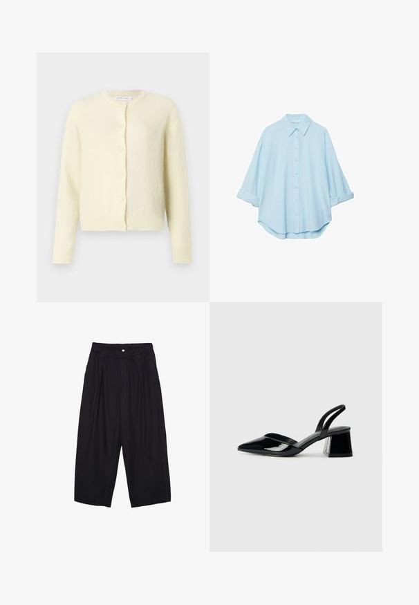 Svetlo rumena jopica iz mehkega, teksturiranega materiala. Ima okrogel izrez, dolge rokave in sprednje zapiranje na šest gumbov.; Svijetloplava košulja napravljena od mekog materijala, s klasičnim ovratnikom, prednjim kopčanjem na dugmad i podvrnutim rukavima za opušteni izgled.; Črne poliesterske culotte hlače z elastičnim pasom, dvema sprednjima nabiranjema in ohlapnim krojem. Brez vidnih vzorcev ali kovinskih detajlov.; Črne lakirane slingback pete s koničastim nosom in geometrijsko blokasto peto. Imajo eleganten, minimalističen dizajn in gladko teksturo.