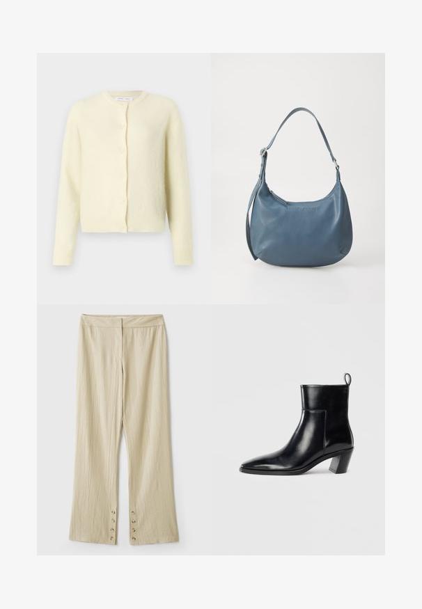 Lichtgele cardigan van zacht, textuur stof. Beschikt over een ronde halslijn, lange mouwen en een sluiting met zes knopen aan de voorkant.; Zwarte mouwloze top met een ronde hals en een sleutelgat achter. Heeft verticale plooien voor textuur. Glad materiaal met een lichte glans.; Beige wijde broek met een textuurstof. Heeft een platte tailleband en vijf knopen aan de onderkant voor sluiting. Geplooid ontwerp.; Zwarte leren enkelboot met een spitse neus, een geometrische gestapelde hak en een trekband aan de achterkant. Gladde textuur en slank ontwerp.; Blauwe leren handtas met een ronde vorm, enkele schouderriem, ritssluiting en geïmpregneerde merknaam aan de voorkant. Gladde textuur.