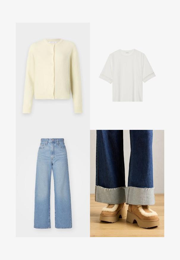 Cárdigan de color amarillo claro hecho de una tela suave y texturizada. Cuenta con un escote redondo, mangas largas y un cierre frontal de seis botones.; Camiseta blanca de manga corta hecha de algodón, con un ribete decorativo de encaje en las mangas y un escote redondo.; Jeans de tiro alto y pernera ancha en azul claro, con cierre frontal de botón y cremallera, y bolsillos delantero y trasero, sobre un fondo blanco.; Botas de plataforma de ante marrón con forro de piel de crema, combinadas con pantalones de mezclilla de pierna ancha con dobladillos deshilachados y un puño de mezclilla más claro.