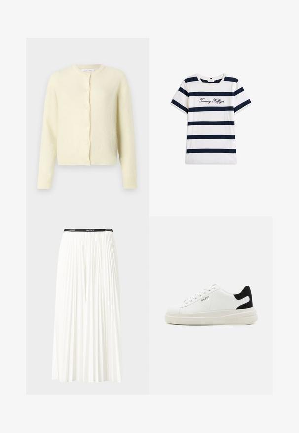 Lichtgele cardigan van zacht, textuur stof. Beschikt over een ronde halslijn, lange mouwen en een sluiting met zes knopen aan de voorkant.; Katoenen T-shirt met horizontale marineblauwe strepen op een witte achtergrond. "Tommy Hilfiger" geborduurd in cursieve letters op de borst. Ronde hals.; Plisséminirok in het wit met een zwarte elastische tailleband met het "LACOSTE"-logo. Middellange ontwerp met een zachte textuur.; Witte leren sneakers met een dikke witte zool, zwarte suède hielaccent en een geperst logo op de zijkant. Vetersluiting met zes oogjes.