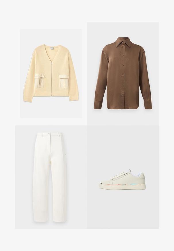 Kremna pletena jopica z V-izrezom, sprednjim zadrgo in dvema zaklopnima žepoma. Ima rebraste manšete in spodnji rob ter gladke tkaninske detajle.; Rjav dolg rokav s srajco s gumbi in koničastimi ovratniki in manšetami, prikazana na enostavni beli podlagi.; Bela krojena hlače s ravnim krojem, sprednjimi pregibi, zadrgo in gumbom za zapiranje ter stranskimi žepi. Gladka tkanina z mat površino.; Off-white nizki športni copat z vezalnim dizajnom, belim notranjim oblogo in subtilnim večbarvnim obrobjem ob robu podplata, stranski pogled.