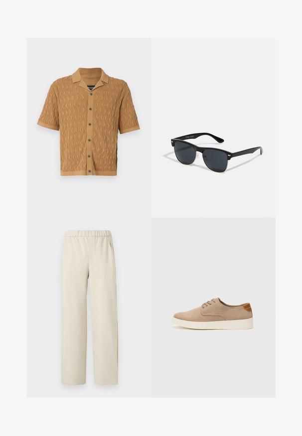 Kratka majica s kratkimi rokavi v bež barvi z valovitim teksturiranim vzorcem, ovratnikom in zapenjanjem na gumbe s temnimi gumbi.; Črna kratka majica s kratkimi rokavi, izdelana iz teksturirane tkanine, z okroglim izrezom in sproščenim krojem. Preprosta, brez vzorcev ali dodatkov.; Beige široke hlače iz elastičnega materiala, izdelane iz mehkega blaga. Imajo gladko teksturo in brez vidnih vzorcev ali dodatkov.; Bež tkanine usnjene superge z zaobljenim nosom, vezalkami na sprednji strani in teksturiranim zadnjim detajlom. Belo gumijasto podplato zagotavlja kontrast. Enostaven in sodoben dizajn.; Črne sončne naočare pravokotne oblike, temna leča, srebrni detajli na ušesih in mat površina na okvirju.