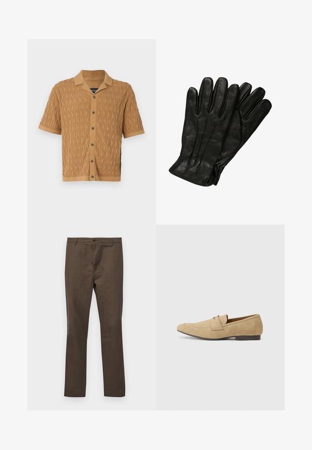 Trumpos rankovės marškiniai smėlio spalvos audiniu, su tekstūruota bangų raštu, apykakle ir užsegimu priekyje su tamsiais mygtukais.; Kaki trumpas rankovėmis marškinėliai, pagaminti iš minkštos medžiagos, su apvaliu iškirpimu ir laisvu siluetu. Nėra matomų raštų ar grafikos.; Rudos medvilnės kelnės su tiesiu siluetu, turi mygtukų užsegimą ir diržo kilpas, lygus paviršius be raštų ar akcentų.; Šviesiai rudos zomšinės loafers, su šiek tiek blizgesio, turinčios apvalų pirštą, be užsegimo dizainą ir žemą rudą kulnį. Subtili siuvimo detalė.; Juodos odinės pirštinės su lygiu paviršiumi, penkiomis pirštų dalimis ir subtiliais siuvinėjimo akcentais. Klasikinis dizainas, tinkantis šaltu oru.