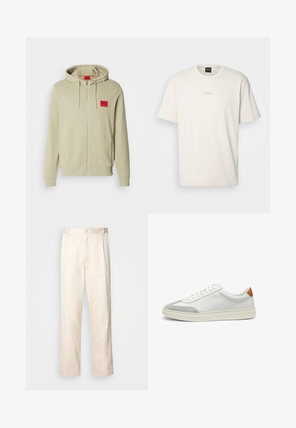 Hooded zip-up sweatshirt in light green, made from soft fabric. Features a red logo patch on the chest and ribbed cuffs and hem.; BOSS TEE - Basic T-shirt - open white; Beige cotton trousers with a straight-leg cut, featuring a button closure and pleats at the front for added detail.; White leather sneakers with gray suede accents and a tan leather heel tab. Features a textured surface and lightweight sole.
