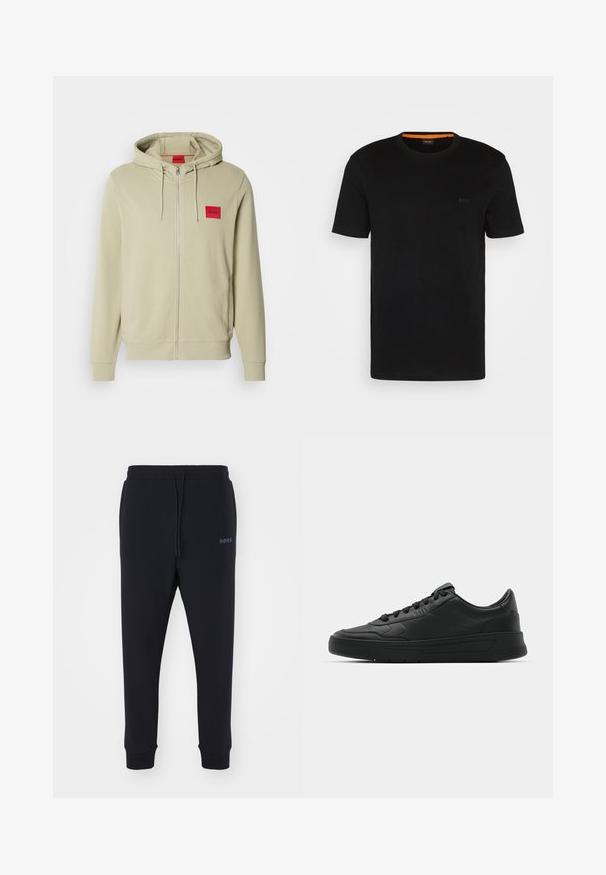 Sudadera con capucha y cremallera en verde claro, hecha de un tejido suave. Presenta un parche de logo rojo en el pecho y puños y dobladillo acanalados.; Camiseta negra de manga corta hecha de una tela suave, con un escote redondo y un logo discreto en la parte delantera. El interior del cuello tiene un acento naranja.; Pantalones de chándal negros fabricados en material suave, con cintura elástica, cordón ajustable y piernas ajustadas. Presenta un pequeño logo en el lateral.; Zapatilla negra con parte superior de cuero liso, puntera redonda, cordones planos, cuello acolchado y diseño minimalista. Suela de goma con un patrón de relieve sutil.