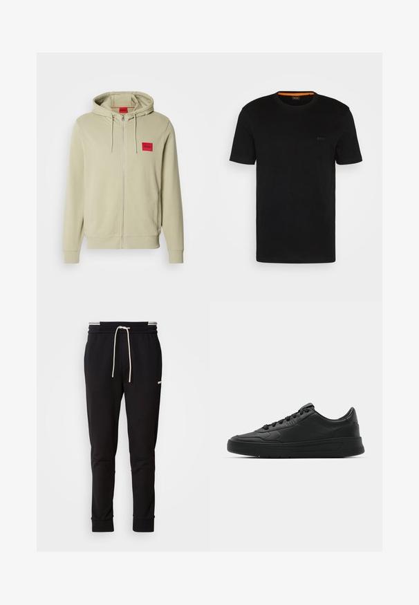 Sweatshirt à capuche zippé de couleur vert clair, fabriqué en tissu doux. Il présente un patch logo rouge sur la poitrine et des poignets et un ourlet côtelés.; T-shirt noir à manches courtes fabriqué en tissu doux, avec un col rond et un logo discret à l'avant. Le col intérieur comporte un accent orange.; Pantalons de jogging noirs slim-fit avec cordon blanc, poignets côtelés et logo discret sur la cuisse, sur fond uni.; Baskets noires avec tige en cuir lisse, bout rond, lacets plats, col rembourré et design minimaliste. Semelle en caoutchouc avec un motif de traction subtil.