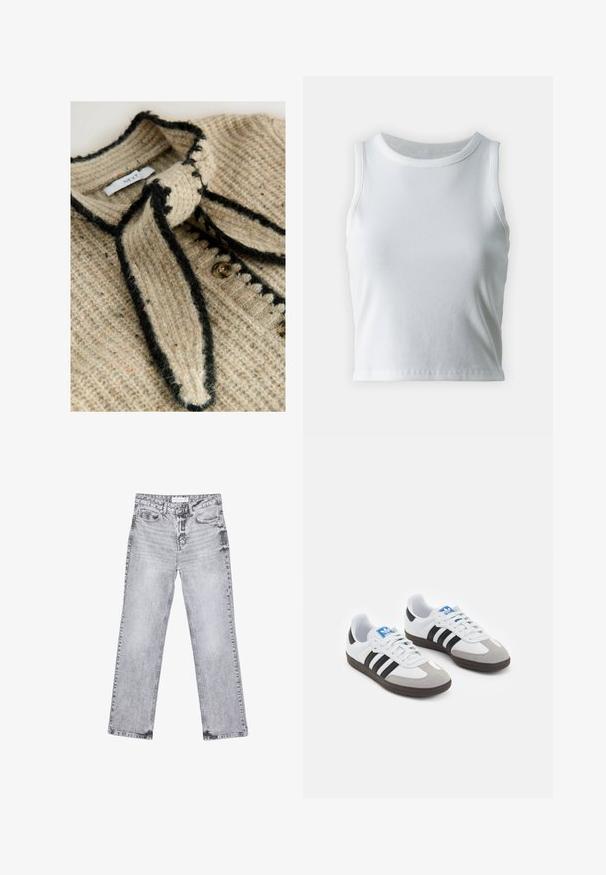 Béžový pletený cardigan s textúrovaným vzorom, čiernym lemom a zaväzovaním pri krku. Obsahuje okrúhle gombíky pozdĺž prednej strany.; Biely rebrovaný top bez rukávov s okrúhlym výstrihom, so strapatým lemom a hladkou, elastickou textúrou.; Šedé džínsy s rovnými nohavicami, s opotrebovaním, piatimi vreckami a meďou pokovovanými nitmi. Pás má štítok s logom.; Športové topánky s bielym koženým zvrškom, šedou semišovou špičkou a tromi čiernymi pruhmi. Obsahujú modré logo na jazyku a štruktúrovanú gumovú podrážku.