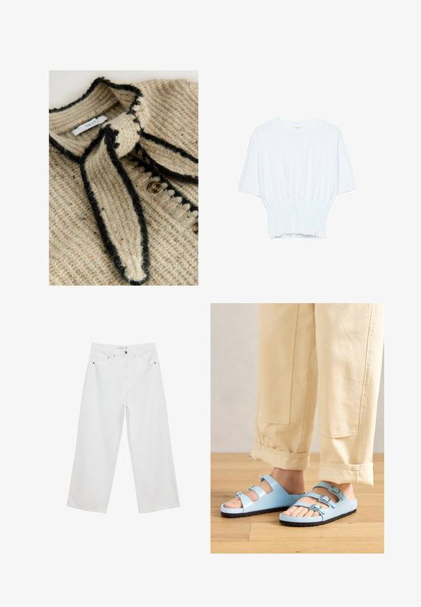 Beige Strickcardigan mit strukturiertem Muster, schwarzem Besatz und einer Schleifenverschluss am Hals. Verfügt über runde Knöpfe an der Vorderseite.; Weißes T-Shirt mit kurzen Ärmeln, lockerer Passform und gerafftem Stoff an der Taille. Aus weichem, leichtem Material gefertigt.; Weiße Jeans im weit geschnittenen Design aus Denim mit hoher Taille, ausgestattet mit fünf Taschen und Metallbeschlägen. Glatte Textur, keine sichtbaren Muster.; Helle blaue Flip-Flops mit drei verstellbaren Riemen und silbernen Schnallen; strukturierte Sohle und glattes Obermaterial. Tragen mit hochgerollten beigen Hosen.