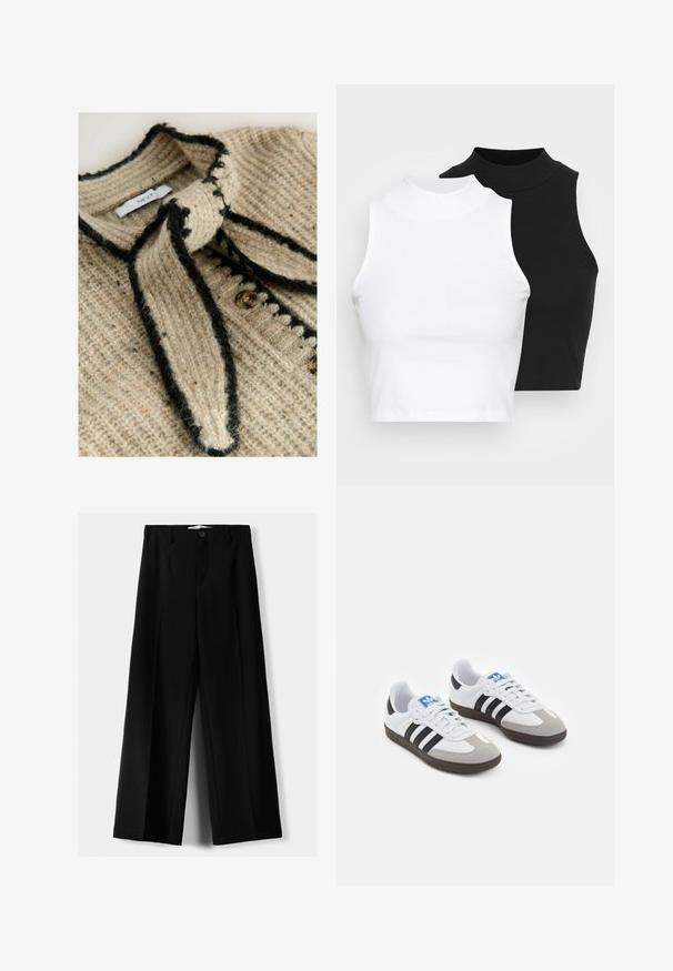 Beige neulecardigan, jossa on tekstuuri, mustat reunat ja nauhakiristys kaulan kohdalla. Edessä on pyöreitä nappeja.; Kaksi hihattomaa ribattua kauluspaitaa mustana ja valkoisena, joissa on istuva muotoilu ja sileä rakenne, sekä lyhyt pituus.; Mustat leveälahkeiset housut, jotka on valmistettu kevyestä kankaasta. Housuissa on etunappikiinnitys ja tasainen etuosa, sekä huolellisesti ommellut helmat.; Urheilukengät, joissa on valkoinen nahkainen päällinen, harmaa mokkanokka ja kolme mustaa raitaa. Ominaisuuksina sininen logo kielekkeessä ja kuvioitu kumipohja.