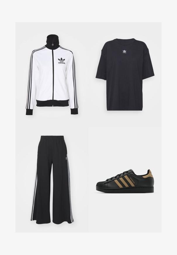 Casaco branco com fecho éclair e gola alta, detalhes em preto e três riscas pretas nas mangas. Apresenta um logo da Adidas no lado esquerdo do peito.; T-shirt de algodão preto com mangas curtas, decote arredondado, apresenta um logótipo branco da Adidas no peito. Design simples, ajuste descontraído.; Calças de suor largas e pretas com uma cintura elástica, apresentando riscas brancas nas laterais e um logótipo bordado na coxa esquerda.; Sapatilha de couro preta com três riscas castanhas, biqueira de borracha texturizada, sistema de atacadores, e sola plana preta. Apresenta um logotipo discreto no calcanhar.
