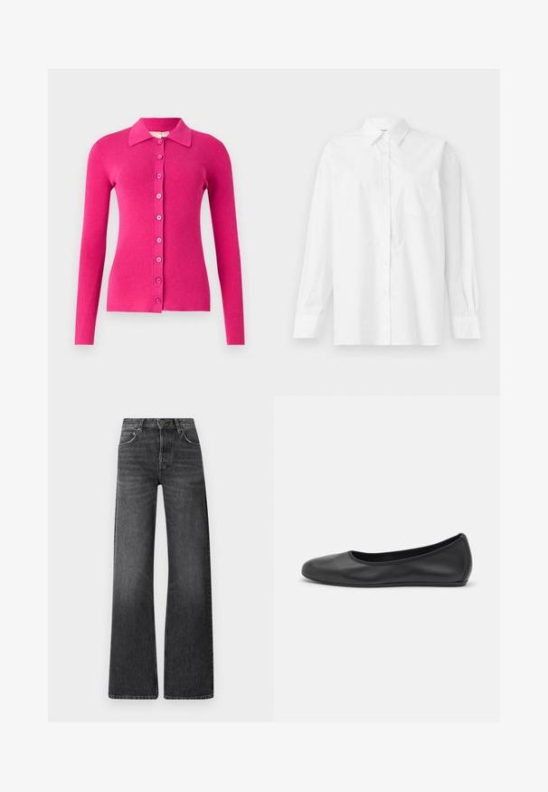 Fitted, long-sleeve cardigan in bright pink ribbed knit. Features a collared neck and a front button closure with matching buttons.; White long-sleeve shirt made of cotton, featuring a classic collar, button closure, and a single breast pocket on the left side.; Black denim jeans with a high waist and wide-leg design. Features five pockets and a subtle faded texture with contrasting stitching accents.; Black leather ballet flat with a rounded toe, smooth texture, minimal stitching detail, and a flexible sole design.