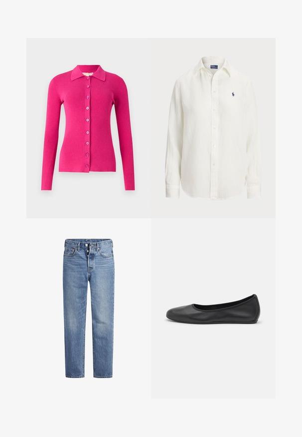 Saspiests, ilgām piedurknēm, kardigāns spilgti rozā ribu adījumā. Iekļauj apkakles kaklu un priekšējo pogu aizdari ar atbilstošām pogām.; Balta lina krekls ar garām piedurknēm, pogām uz apkakles un priekšpuses. Uz krūtīm ir neliels zils izšūts logotips.; Gaiši zila džinsu bikses ar taisnu griezumu, piecu kabatu dizainu un poga aizdari. Iespējamas nelielas izbalēšanas un apelsīnu diegu akcenti.; Melna ādas baleta kurpe ar noapaļotu purngalu, gludu tekstūru, minimālu šuvju detalizāciju un elastīgu zoles dizainu.