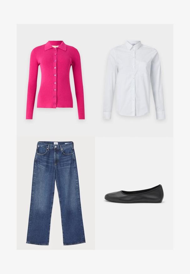 Cardigan aderente a maniche lunghe in maglia a coste di un vivace rosa. Presenta un colletto e una chiusura frontale con bottoni abbinati.; Camicia bianca a maniche lunghe realizzata in cotone. Presenta un'apertura a bottoni sul davanti, colletto a punta e una tasca sul petto sul lato sinistro.; Citizens of Humanity ANNINA - Jeans a sigaretta - westwood dark indigo; Pantofole da balletto nere in pelle con punta arrotondata, texture liscia, dettagli di cucitura minimi e design con suola flessibile.