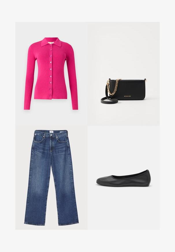 Fazonos, hosszú ujjú kardigán élénk rózsaszín bordás kötésben. Hálózati nyakkal és elülső gombos zárással rendelkezik, passzoló gombokkal.; Fekete, hosszú ujjú, garbós felső sima anyagból, fodros gallérral és illeszkedő sziluettel, egyszerű élekkel.; Citizens of Humanity ANNINA - Egyenes szárú farmer - westwood dark indigo; Fekete bőr balettcipő lekerekített orral, sima tekstúrával, minimális varrással és rugalmas talp kialakítással.; Fekete bőr clutch arany lánc díszítéssel, sima textúrával és arany logóval. Tartalmaz egy állítható pántot a sokoldalúság érdekében.