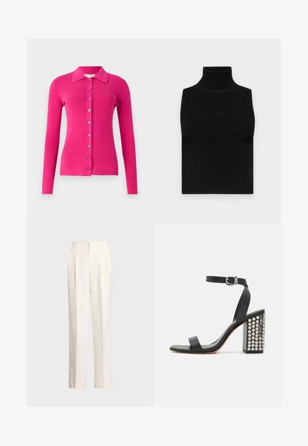 Prilegajoča, dolga jopica z dolgimi rokavi v svetlo roza rebrastem pletivu. Ima ovratnik in sprednje zapiranje na gumb z usklajenimi gumbi.; Črna brezrokavna majica z visokim ovratnikom, z rebrasto teksturo in oprijetim krojem. Gladek material z visokim ovratnikom in brez dodatnih okrasitev.; Polo Ralph Lauren HEMP WIDE LEG PANT - Hlače - nevis; Črne usnjene sandale s peto in zankami okoli gležnja. Imajo kvadratno konico, gladko teksturo in kvadratno blok peto, okrašeno z odličnimi srebrnimi žebljički.