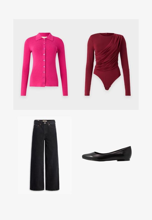 Cardigan ajusté à manches longues en tricot côtelé rose vif. Présente un col et une fermeture à boutons sur le devant avec des boutons assortis.; Body à manches longues en rouge profond, avec un tissu drapé, un col plongeant et une fermeture à pression en bas, fabriqué à partir d'un matériau extensible doux.; Jean noir à jambe large en denim, comportant cinq poches, des rivets en laiton et une fermeture à bouton classique. Texture lisse avec un design épuré.; Ballerine noire en cuir verni avec un bout arrondi et une semelle basse et plate. Sa texture est lisse avec un design simple et épuré.
