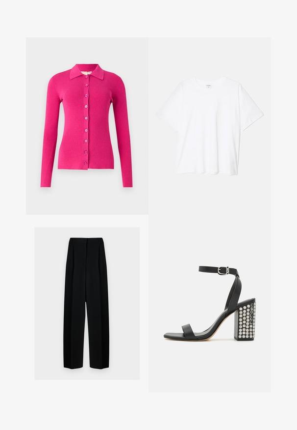 Cardigan aderente a maniche lunghe in maglia a coste di un vivace rosa. Presenta un colletto e una chiusura frontale con bottoni abbinati.; T-shirt bianco in cotone con maniche corte, scollo rotondo, vestibilità comoda e orlo cucito. Etichetta visibile all'interno del colletto.; Pantaloni neri a gamba larga con vita alta, dotati di pieghe e una texture liscia. Il tessuto sembra leggero e si drappeggia in modo elegante.; Infradito in pelle nera con tacco e cinturino alla caviglia. Presentano una punta quadrata, una texture liscia e un tacco a blocco quadrato adornato con borchie in argento.