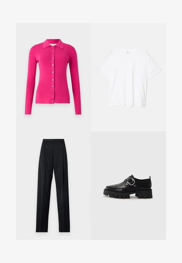 Figurbetontes, langärmliges Cardigan aus leuchtend pinkem Rippstrick. Mit Kragen und einer vorderen Knopfverschluss mit passenden Knöpfen.; Weißes Baumwoll-T-Shirt mit kurzen Ärmeln, runder Halslinie, lockerer Passform und genähtem Saum. Etikett sichtbar am inneren Kragen.; Schwarze Hosen aus glattem Stoff mit hoher Taille, weitem Bein, vorderen Falten und klassischen Gürtelschlaufen. Keine sichtbaren Seitentaschen.; Schwarze Leder Schuhe mit einer dicken, gerippten Sohle, die mit einer runden silbernen Hardware-Akzent und minimalen Stickdetails ausgestattet sind.