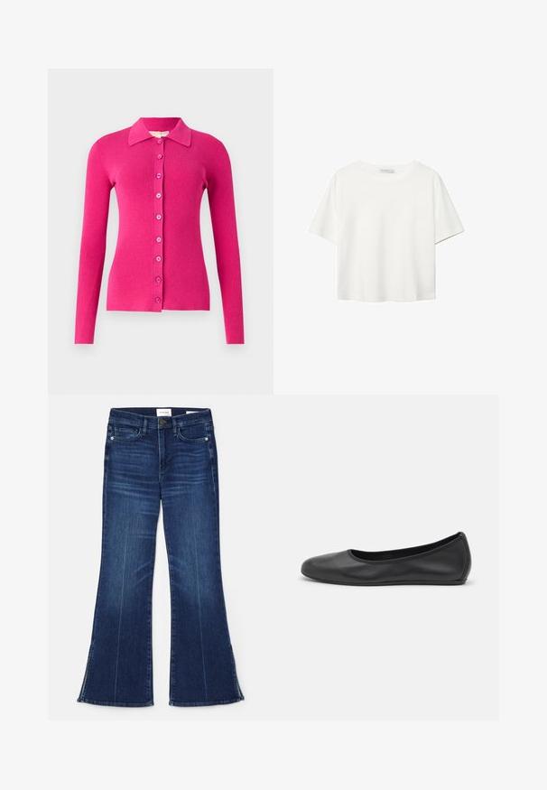 Tætsiddende cardigan med lange ærmer i lys pink ribstrik. Har en krave og en frontknaplukning med matchende knapper.; Hvid kortærmet t-shirt lavet af bomuld. Har en rund halsudskæring og en afslappet pasform. Glat tekstur uden synlige mønstre eller detaljer.; Mørkeblå flagrende jeans lavet af denim. Har høj talje, forlommer og splitdetaljer i kanten. Klassisk fem-lomme design.; Sort læderballetsko med rund tå, glat tekstur, minimal syning og et fleksibelt såldesign.