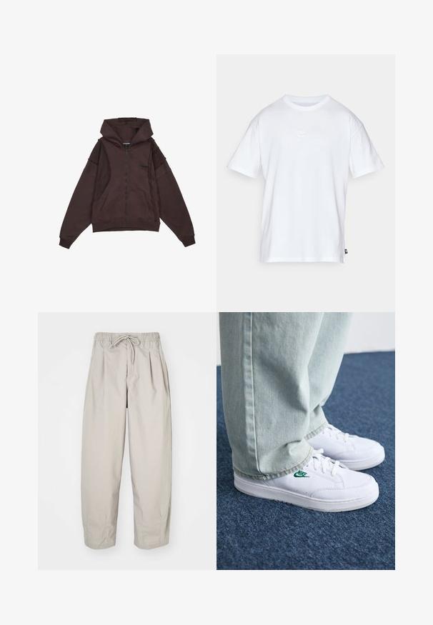 Rjava zip-up kapuca s kapuco na vrvico, sprednjimi žepi in šivanjem ob straneh ter rokavih. Mehka, teksturirana tkanina.; Bela bomba iz bombaža s kratkimi rokavi in okroglo ovratnikom. Ima majhen, diskreten Nike logotip na prsih in stranski etiket.; Bež hlače iz lahkega materiala z elastičnim pasom in vrvico. Imajo gube in ohlapen kroj, izdelane so iz mehkega, gladkega blaga.; Bela usnjena športna obutev z zelenim Nike logotipom, okrogla konica, ravna podplat, v kombinaciji z svetlo modrimi kavbojkami, prikazana na modrem preprogu.