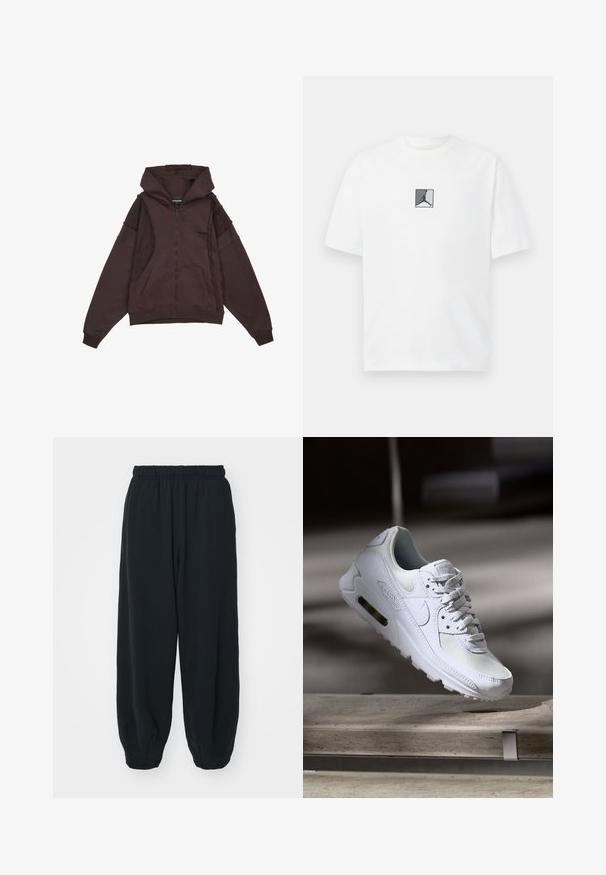 Hnedá mikina na zips s kapucňou na šnúrku, prednými vreckami a prešívaním po stranách a na rukávoch. Mäkká, textúrovaná tkanina.; Biela bavlnená tričko s čiernym a šedým logom v strede. Klasický okrúhly výstrih a krátke rukávy s voľným strihom.; Čierne tepláky s elastickým pásom, vo voľnom strihu, s manžetami na členkoch, hladkej textúry a bez viditeľných vzorov alebo kovových doplnkov.; Biele tenisky Nike Air Max 90 s vrchnou časťou z kože a sieťoviny, perforovanou špičkou a viditeľnou vzduchovou jednotkou v päte.