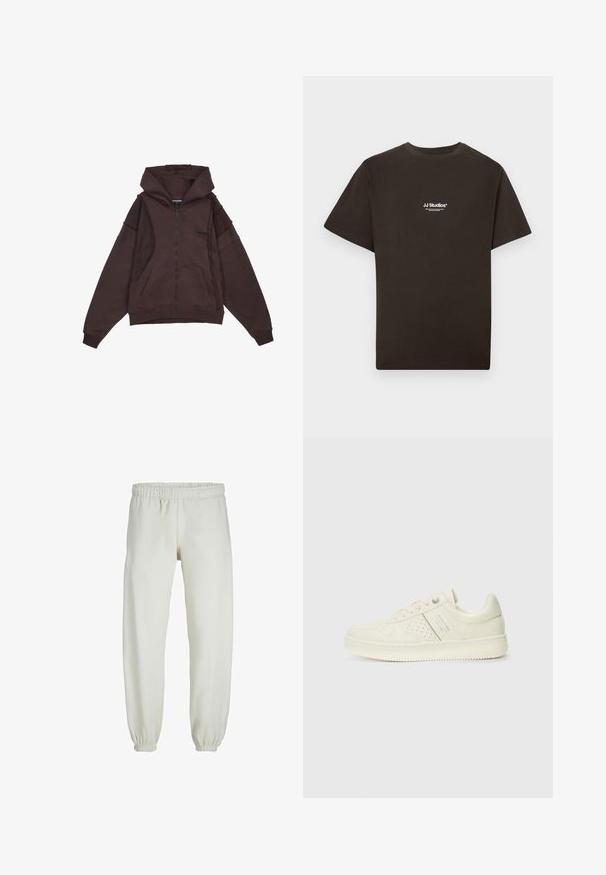 Brūns kapuces džemperis ar rāvējslēdzēju, kuriem ir regulējamā kapuce, priekšējās kabatas un izšūšanas detaļas sānos un piedurknes. Mīksts, teksturēts audums.; Melnā kokvilnas T-krekls ar īsām piedurknēm un apaļu kakla izgriezumu, priekšpusē centrā ar baltu "JJ Studios" logotipu. Gluda tekstūra.; Baltas treniņbikses, izgatavotas no mīkstas auduma, ar elastīgu jostu un piedurknēm, gluda tekstūra un brīva piegriezuma dizains.; Krēmbaltie sporta apavi ar perforētu detaļām, auklām un logotipu sānos, attēloti uz vienkārša baltā fona.