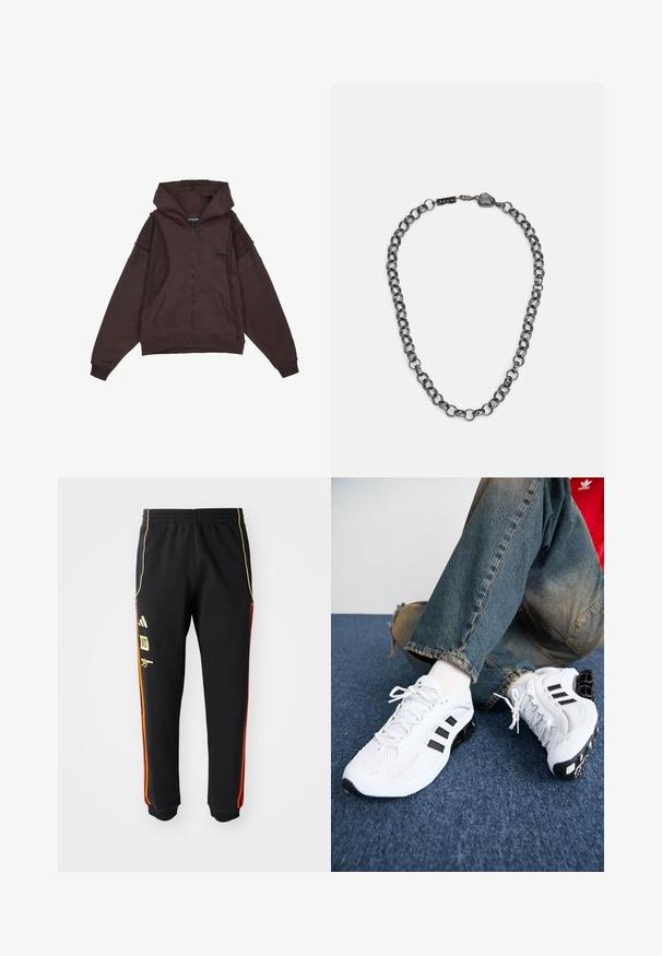 Felpa con zip marrone, dotata di cappuccio con coulisse, tasche frontali e dettagli cuciti sui lati e sulle maniche. Tessuto morbido e texturizzato.; Tre magliette di cotone bianche semplici con maniche corte. Ogni maglietta presenta un collo rotondo e un piccolo etichetta logo nera sul lato sinistro.; Pantaloni sportivi neri con vita elastica, strisce laterali oro e rosse, e loghi gialli sulla coscia sinistra.; Scarpe da ginnastica bianche in rete con accenti neri, caratterizzate da un design testurizzato e una suola distintiva, abbinate a jeans in denim blu.; Collana in metallo con maglie allungate di un colore grigio scuro. Presenta un accento geometrico e una chiusura con dettaglio del marchio.