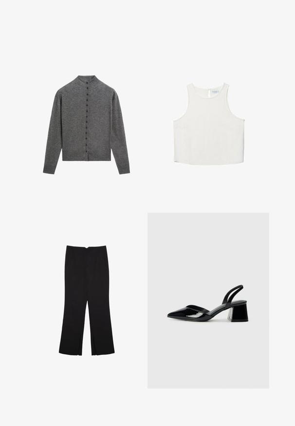 Grå cardigan i mjukt material, med hög halsringning, långa ärmar och en rad av sex knappar längs framsidan.; Vit ärmlös topp med rundad halsringning, featuring en subtil textur, detalj med nyckelhål i ryggen och rak nederkant.; Svarta byxor med rak passform, utrustade med framfickor och sidoklyvningar vid fållen. Tillverkade av mjukt, slätt tyg. Lämpliga för olika tillfällen.; Svarta lackläder slingback klackar med spetsig tå och geometrisk klack. Har en elegant, minimalistisk design och slät yta.