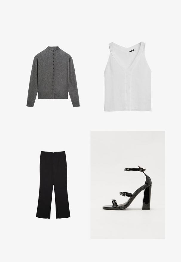 Szary kardigan wykonany z miękkiego materiału, z wysokim dekoltem, długimi rękawami i rzędem sześciu guzików z przodu.; Massimo Dutti - Top; Czarne spodnie o prostym kroju, z przednimi kieszeniami i bocznymi rozcięciami na dole. Wykonane z miękkiego, gładkiego materiału. Odpowiednie na różne okazje.; Czarne lakierowane sandały na obcasie z kwadratowym noskiem, z paskami wokół kostki i srebrnymi klamrami. Posiadają masywny słupek dla stabilności.
