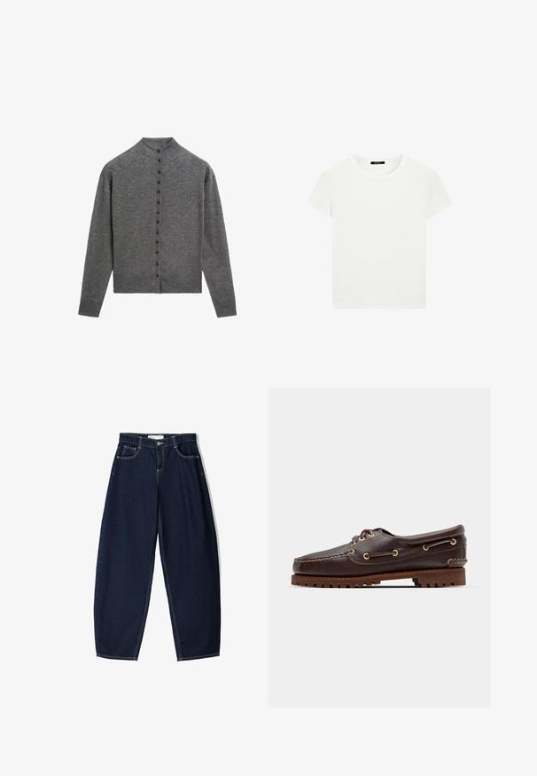 Grijze cardigan van zacht materiaal, met een hoge halslijn, lange mouwen en een rij van zes knopen aan de voorkant.; Effen witte T-shirt met korte mouwen en een ronde hals, met een slim fit, vlak weergegeven tegen een witte achtergrond.; Langarm geruite shirt in zwart en wit, met een button-down kraag en een gebogen zoom. Inclusief een klein logo op de borst.; Donkerblauwe denim broek met een losse fit, voorzien van vijf zakken, contrasterende stiksels en een ritsluiting aan de voorkant.; Bruine leren bootsschoen met gouden oogjes, ronde veters en een gestructureerde bruine rubberen zool. Kenmerkt zich door gestikte details en een verhoogd logo.