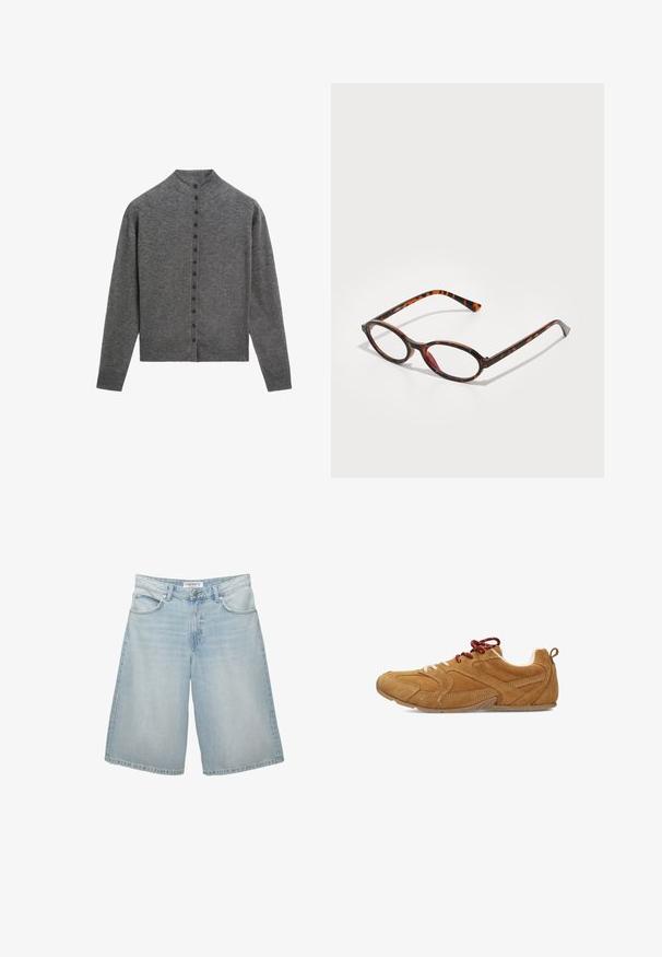 Cardigan grigio realizzato in morbido tessuto, con collo alto, maniche lunghe e una fila di sei bottoni sul davanti.; T-shirt bianca a maniche corte e scollo rotondo con vestibilità slim, esposta piatta su uno sfondo bianco.; Shorts in denim blu chiaro con un design a gamba larga, dotati di cinque tasche, passanti per cintura e chiusura con zip. Texture liscia con leggera scoloritura.; Scarpe in suede color tortora con superficie texturizzata, dotate di lacci bianchi e rossi, punta arrotondata e suola in gomma flessibile.; Occhiali da sole tartarugati con lenti ovale, caratterizzati da una montatura scura con motivi marroni chiari e scuri, e aste sottili e curate.