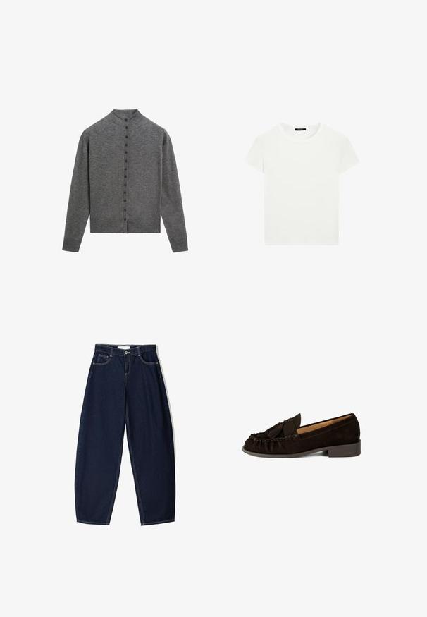 Grijze cardigan van zacht materiaal, met een hoge halslijn, lange mouwen en een rij van zes knopen aan de voorkant.; Effen witte T-shirt met korte mouwen en een ronde hals, met een slim fit, vlak weergegeven tegen een witte achtergrond.; Donkerblauwe denim broek met een losse fit, voorzien van vijf zakken, contrasterende stiksels en een ritsluiting aan de voorkant.; Brown suede instappers met een ronde neus, geplooide details en een kleine kwastaccent. Heeft een lage, iets verhoogde hak.