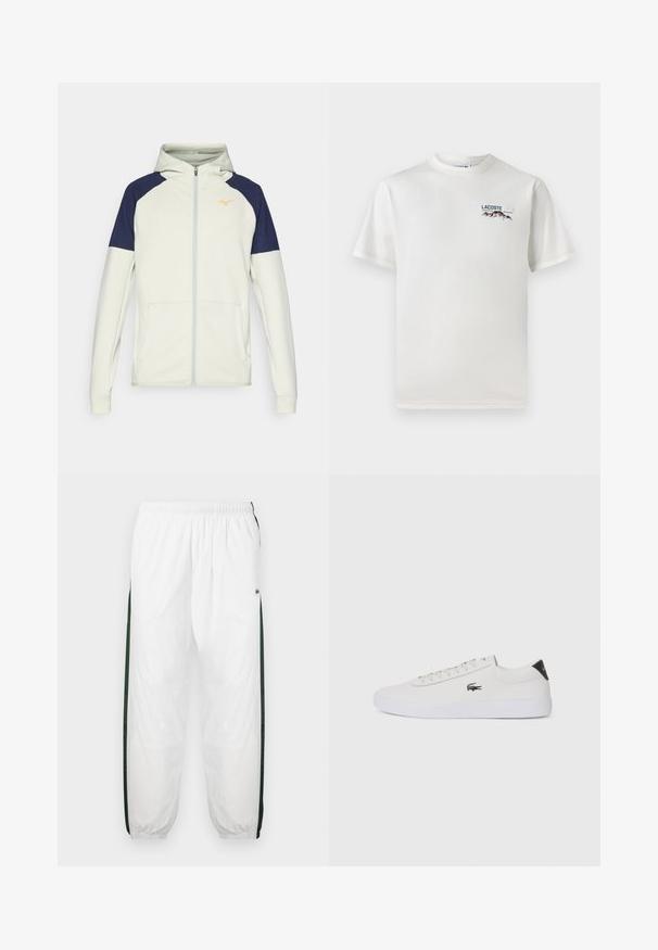 Hooded zip-up sweatshirt in light cream with navy accents on shoulders. Features side pockets and an orange logo on the chest.; White cotton T-shirt with a round neckline, short sleeves, and a small embroidered logo featuring mountains and text on the left chest.; White track pants with dark green side panels. Lightweight material, elastic waistband, and cuffed hems. Features mesh texture on side panels.; White leather sneaker with round toe, lace-up front, and black heel accent. Features a small embroidered crocodile logo on the side.