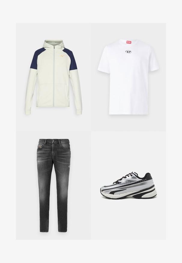 Hooded zip-up sweatshirt in lichtcrème met marineblauwe accenten op de schouders. Voorzien van zijzakken en een oranje logo op de borst.; Witte katoenen t-shirt met korte mouwen, voorzien van een ronde halslijn en een zilveren Diesel-logo op de borst. Eenvoudig ontwerp, effen kleur.; Grijze denim jeans met een slim fit, voorzien van lichte slijtage, verwerkte details en een traditionele knoopsluiting.; Hardloopschoen met een zilveren mesh bovenzijde, zwarte accenten en een witte zool. Heeft een gestructureerd ontwerp en zwarte veters. Lichtgewicht en gevoerd.