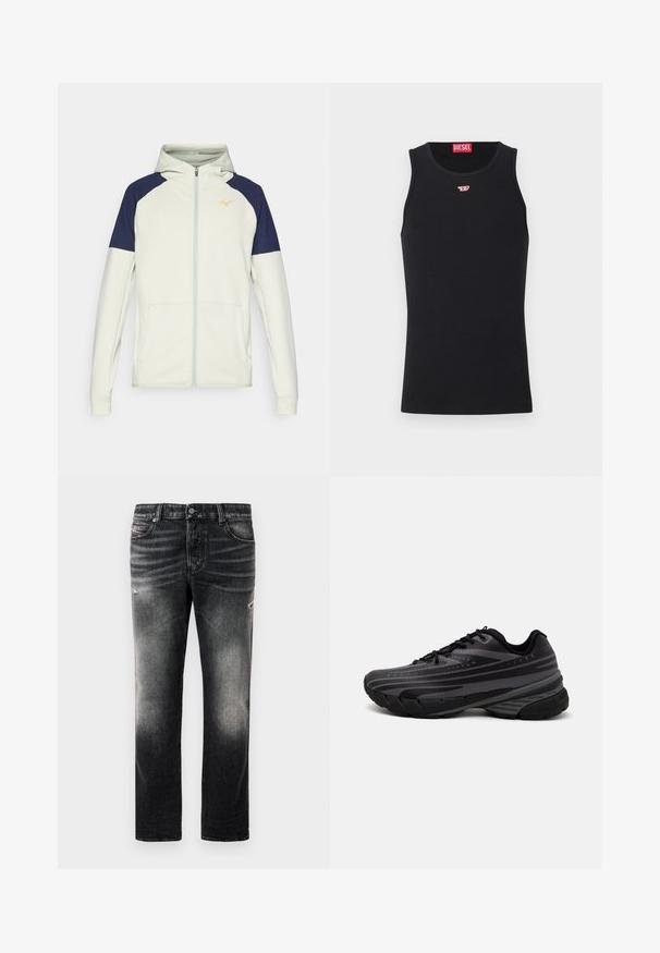 Hooded zip-up sweatshirt in lichtcrème met marineblauwe accenten op de schouders. Voorzien van zijzakken en een oranje logo op de borst.; Zwarte tanktop van gladde stof, met een ronde hals, armsgaten en een klein rood logo op de borst. Eenvoudig ontwerp, zonder mouwen.; Zwarte jeans met een vervaagde afwerking en versleten accenten, standaard vijf-pocket ontwerp en een ritssluiting. Gemaakt van denimstof.; Zwarte hardloopschoen met een gestructureerde bovenkant met grijze strepen. Dikke zool voor demping, ronde neus en platte veters voor een veilige pasvorm.