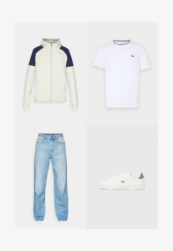 Hanorac cu glugă, cu fermoar, de culoare crem deschis, cu accente bleumarin pe umeri. Include buzunare laterale și un logo portocaliu pe piept.; Tricou alb din bumbac cu mânecă scurtă, cu guler ribbed, având dungi verzi și negre; mic logo brodat verde pe partea stângă a pieptului.; Blugi de culoare albastru deschis din denim, cu croială dreaptă, design cu cinci buzunare și o deschidere cu buton vizibil cu cusături contrastante.; Adidași albi cu o textură fină, având un accent verde la călcâi și un mic logo brodat al unui crocodil pe lateral.