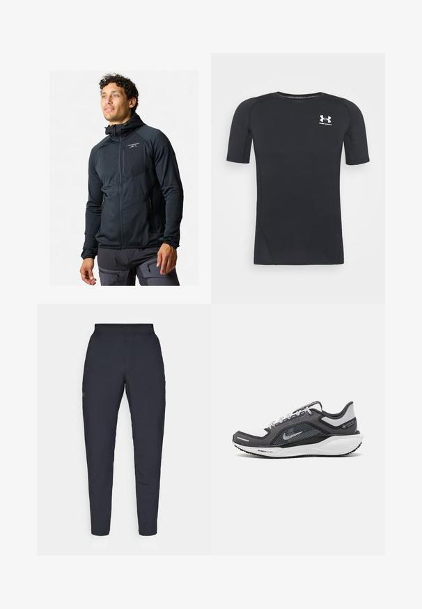 Schwarze Zip-Jacke mit taillierter Passform. Verfügt über eine Kapuze, eine glatte Textur und ein reflektierendes Logo auf der Brust. Zwei seitliche Reißverschlusstaschen.; Schwarzes kurzärmliges Sportshirt aus feuchtigkeitsableitendem, elastischem Material. Verfügt über einen runden Halsausschnitt und ein kleines weißes Logo auf der Brust.; Schwarze Sporthose mit glatter Textur, schlankem Schnitt, elastischem Bund und seitlichen Taschen. Mit einem kleinen Logo auf dem linken Oberschenkel.; Schwarzer und grauer Sportschuh mit einem Mesh-Obermaterial, reflektierenden Akzenten und einer weißen Zwischensohle. Verfügt über eine strukturierte Gummisohle und Schnürsenkel.