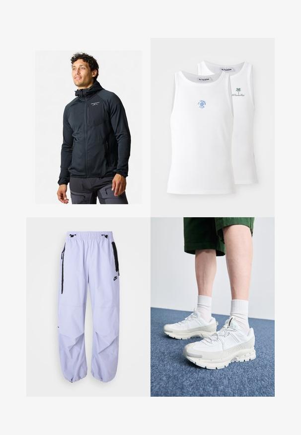 Black zip-up jacket with a fitted design. Features a hood, smooth texture, and reflective logo on the chest. Two zippered side pockets.; Two white tank tops, ribbed texture, featuring blue and green embroidered logos. One has a sun design, the other a palm tree.; Light lilac Nike pants featuring an elastic waistband, side zip pockets, and black accents. Fabric has a smooth texture with a loose fit.; White athletic shoes with textured overlays, a chunky sole, and gray accents. Worn with white crew socks and green shorts on a blue surface.