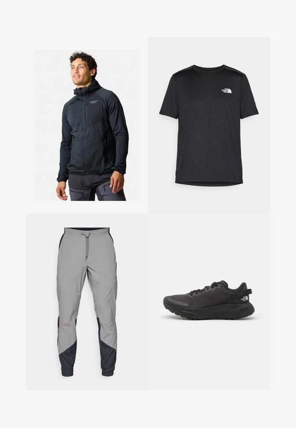 Giacca nera con zip, dal design aderente. Caratterizzata da un cappuccio, una texture liscia e un logo riflettente sul petto. Due tasche laterali con zip.; T-shirt nero a maniche corte realizzata in tessuto leggero. Presenta un piccolo logo bianco sul lato sinistro del petto e delicati dettagli sulle spalle.; Pantaloni sportivi leggeri grigi con accenti neri. Vita elastica, chiusura con cordino, design a gamba affusolata e tasche laterali.; Scarpa sportiva nera con tomaia in mesh, colletto imbottito e suola in gomma. Presenta un design testurizzato e un marchio sul tallone. Costruzione leggera.