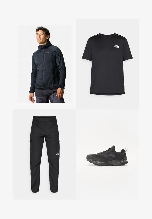 Mustat vetoketjulliset takit, joissa on istuva muotoilu. Varustettu hupulla, sileällä pinnalla ja heijastavalla logolla rinnassa. Kaksi vetoketjullista sivutaskua.; Mustapaita lyhyillä hihoilla, joka on valmistettu kevyestä kankaasta. Siinä on pieni valkoinen logo vasemmassa rinnassa ja huomaamattomia olkakoristeita.; The North Face HORIZON PANT - Ulkohousut - black; Musta urheilujalkine, jossa on verkko päällinen, kumipohja ja pehmustettu varsi. Varusteena nauhat, logo sivussa ja teksturoitu kuvio.