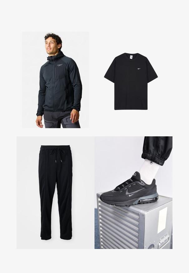 Giacca nera con zip, dal design aderente. Caratterizzata da un cappuccio, una texture liscia e un logo riflettente sul petto. Due tasche laterali con zip.; T-shirt Nike nera realizzata in cotone, con scollo rotondo e maniche corte. Include un piccolo logo Nike bianco sul lato sinistro del petto.; Pantaloni casual neri con elastico in vita, tasche laterali e taglio dritto su uno sfondo uniforme.; Nike Sportswear PULSE - Sneakers basse - black/anthracite