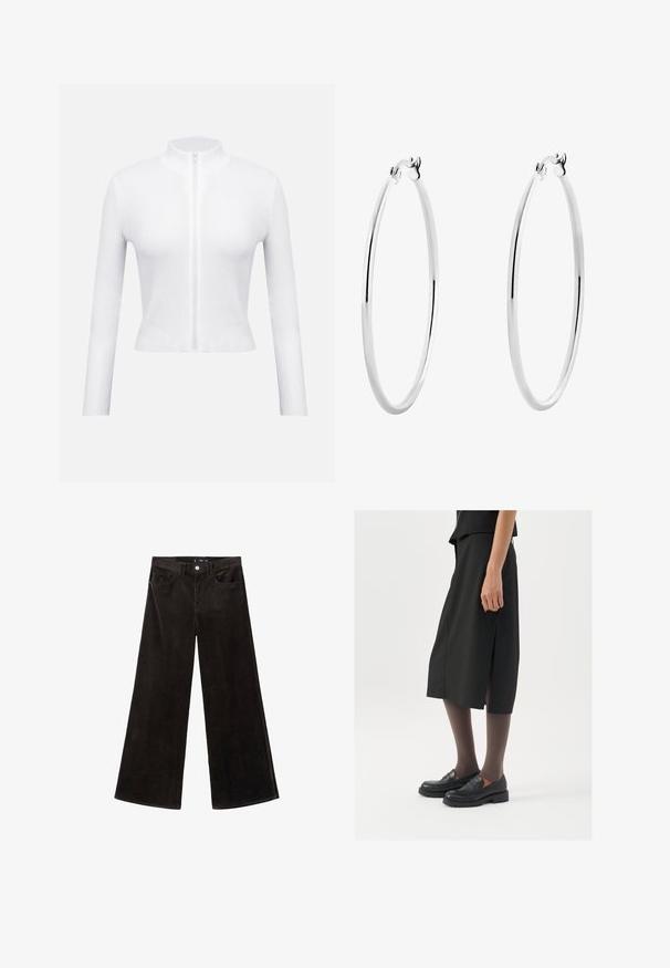 Valkoinen ribbikuvioitu vetoketjullinen pusero, jossa pitkät hihat ja korkea kaulus. Keskellä vetoketju ja vartalonmyötäinen leikkaus, joka korostaa teksturoitua materiaalia.; Harmaa ribattua hihattomaa tanktoppi, jossa on pyöreä pääntie. Pehmeä materiaali ja ihonmyötäinen malli, sopii rentoihin asuihin tai kerroksellisiin vaihtoehtoihin.; Mustat corduroy-laajakankaiset housut, joissa on korkea vyötärö, etutaskut ja teksturoitu kangas, varustettu nappikiinnityksellä ja vyölenkeillä.; Mustat polvenpituinen hame, jossa on sivuaukko, yhdistettynä mustiin loafer-kengiin ja ohuisiin ruskeisiin sukkahousuihin. Hameessa on sileä kangas ja yksinkertainen muotoilu.; Hopehope hopehope hopehope hopehope hopehope, joka on sileä ja kiillotettu pinta ja ohut, pyöreä muoto. Muotoilu sisältää turvallisen lukituksen.